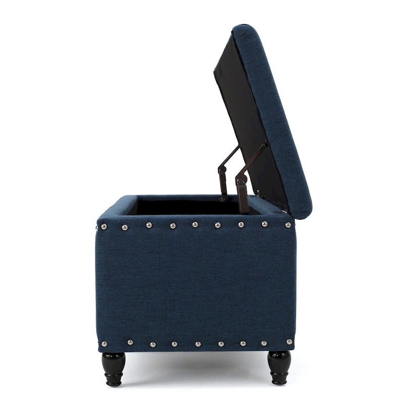 Banc de rangement ottoman Sharon, tissu bleu marine, garniture cloutée, 42 pouces