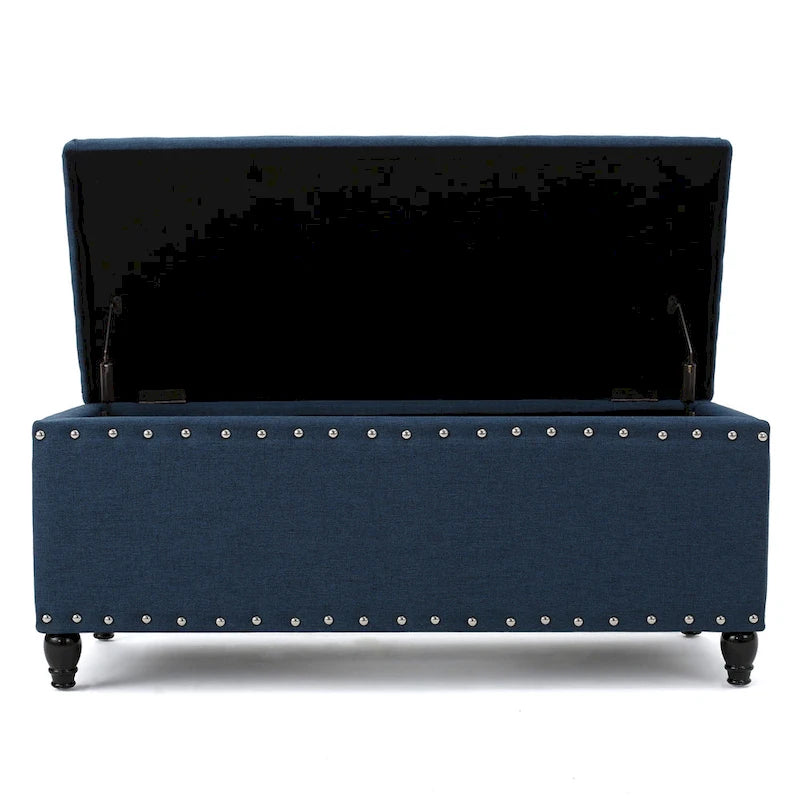 Banc de rangement ottoman Sharon, tissu bleu marine, garniture cloutée, 42 pouces