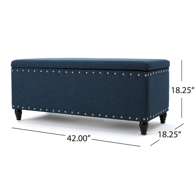 Banc de rangement ottoman Sharon, tissu bleu marine, garniture cloutée, 42 pouces