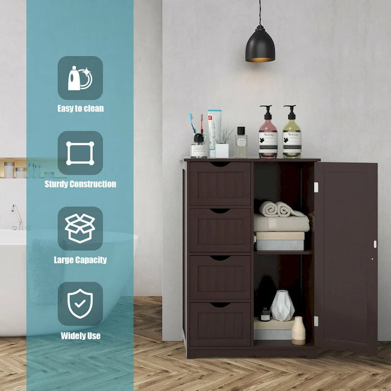 Gymax Meuble de salle de bain en bois sur pied avec 4 tiroirs réglables - Voir les détails