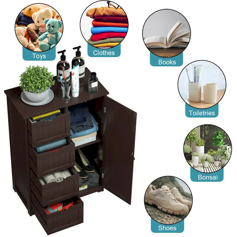 Gymax Meuble de salle de bain en bois sur pied avec 4 tiroirs réglables - Voir les détails