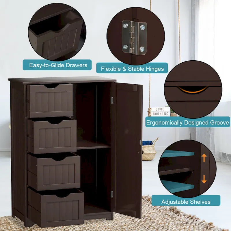 Gymax Meuble de salle de bain en bois sur pied avec 4 tiroirs réglables - Voir les détails