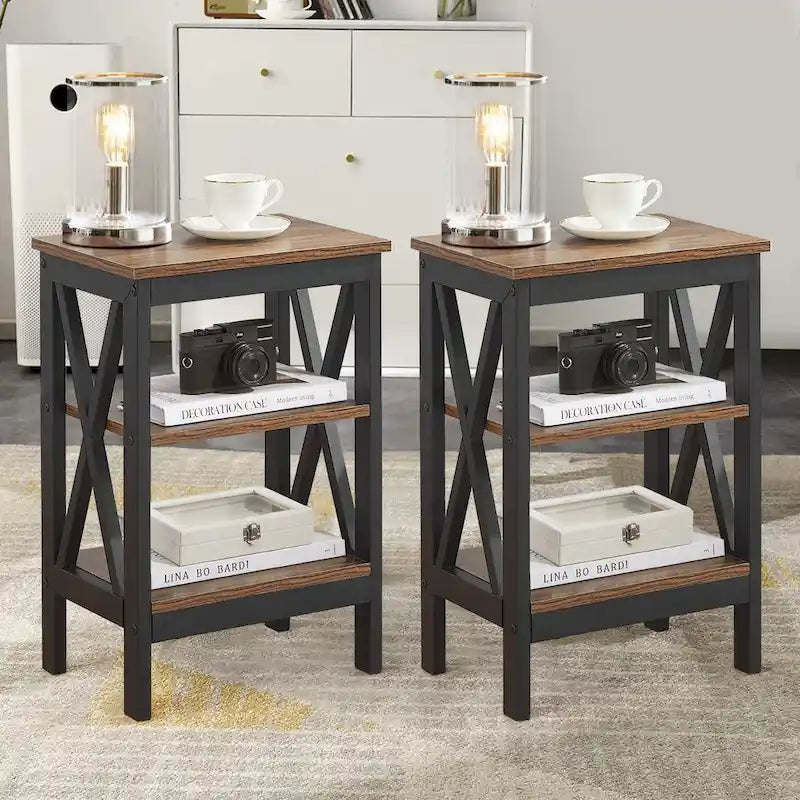 Modern Side Tables with 3-tier Storage Shelves, X-Shaped Nightstand  ( of 2)