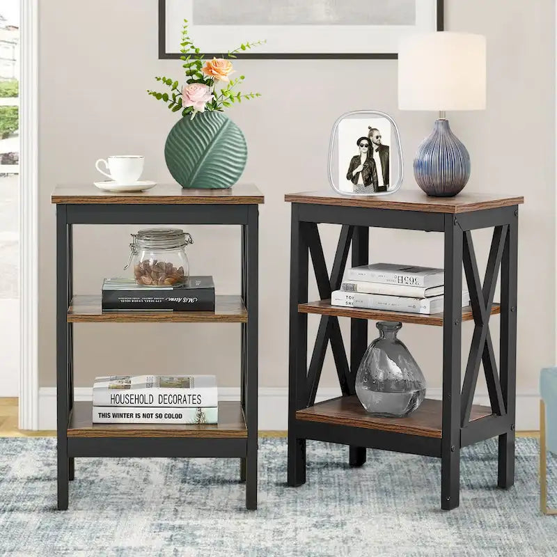 Tables d'appoint modernes avec 3 étagères de rangement, Table de chevet en forme de X