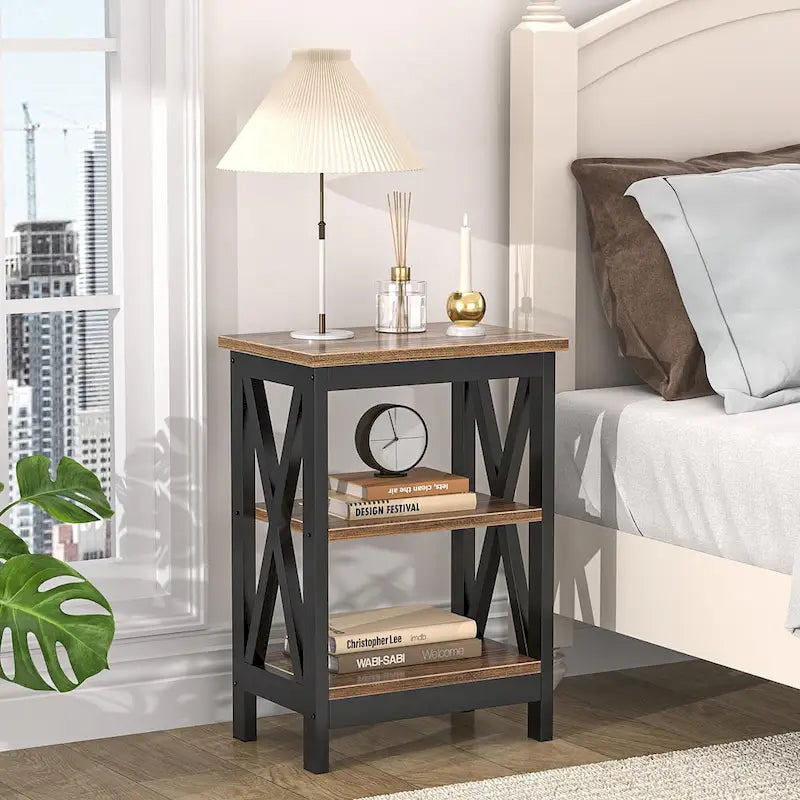 Tables d'appoint modernes avec 3 étagères de rangement, Table de chevet en forme de X
