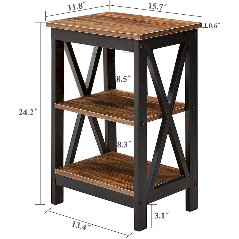 Tables d'appoint modernes avec 3 étagères de rangement, Table de chevet en forme de X