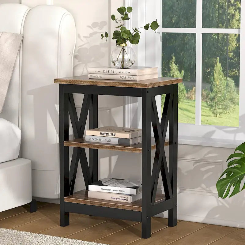 Tables d'appoint modernes avec 3 étagères de rangement, Table de chevet en forme de X