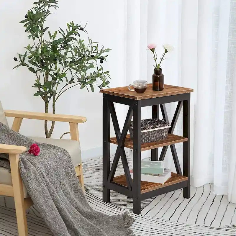 Tables d'appoint modernes avec 3 étagères de rangement, Table de chevet en forme de X