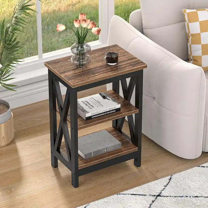 Tables d'appoint modernes avec 3 étagères de rangement, Table de chevet en forme de X