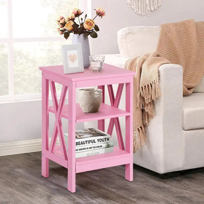Tables d'appoint modernes avec 3 étagères de rangement, Table de chevet en forme de X