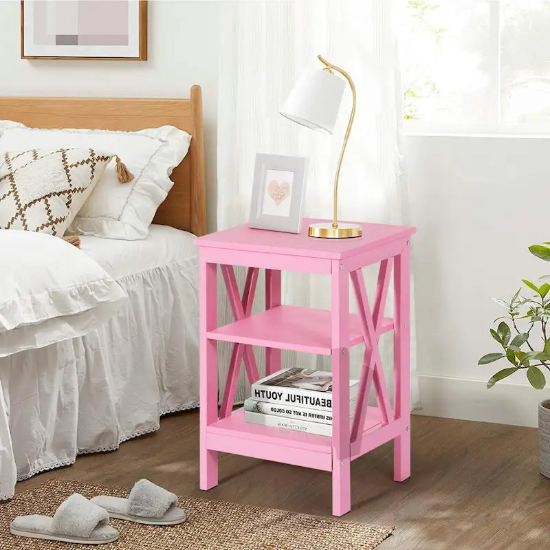 Tables d'appoint modernes avec 3 étagères de rangement, Table de chevet en forme de X