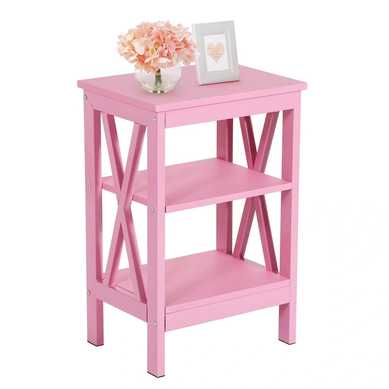 Tables d'appoint modernes avec 3 étagères de rangement, Table de chevet en forme de X