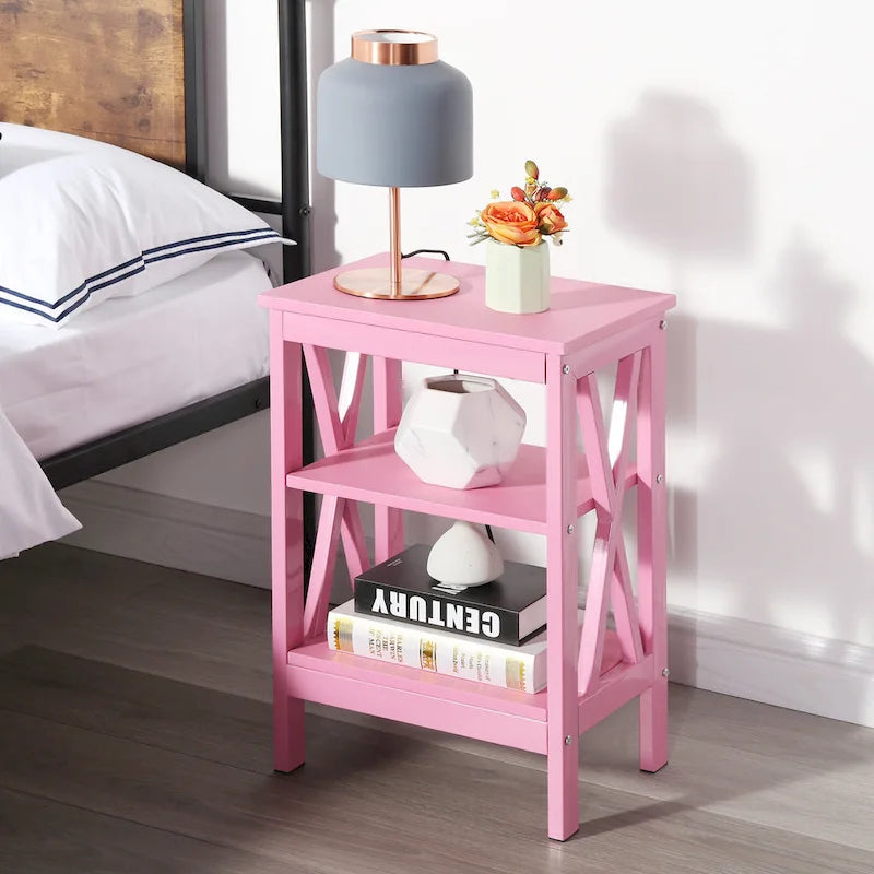 Tables d'appoint modernes avec 3 étagères de rangement, Table de chevet en forme de X
