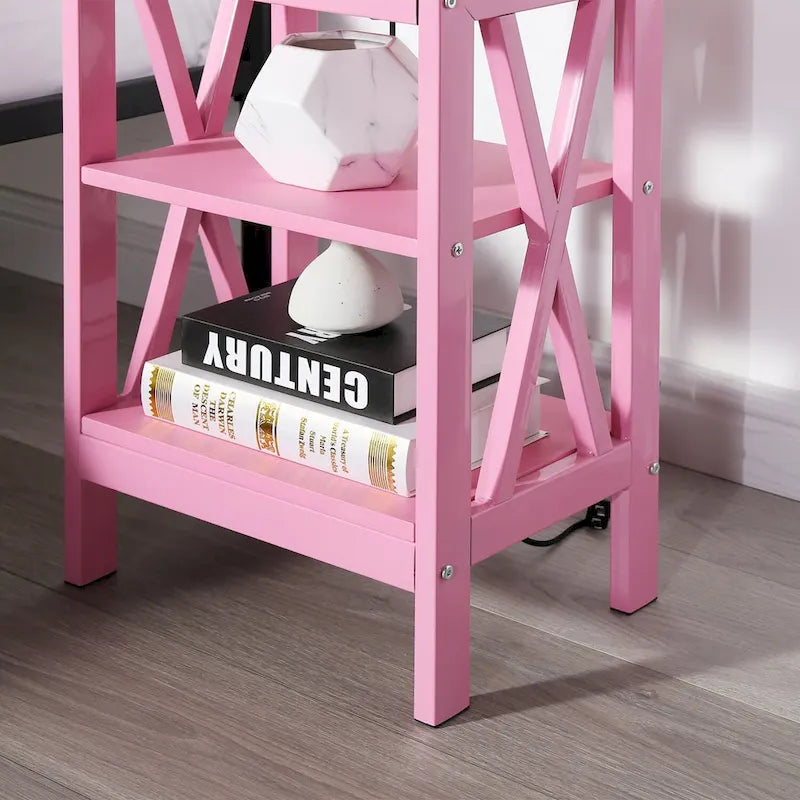 Tables d'appoint modernes avec 3 étagères de rangement, Table de chevet en forme de X