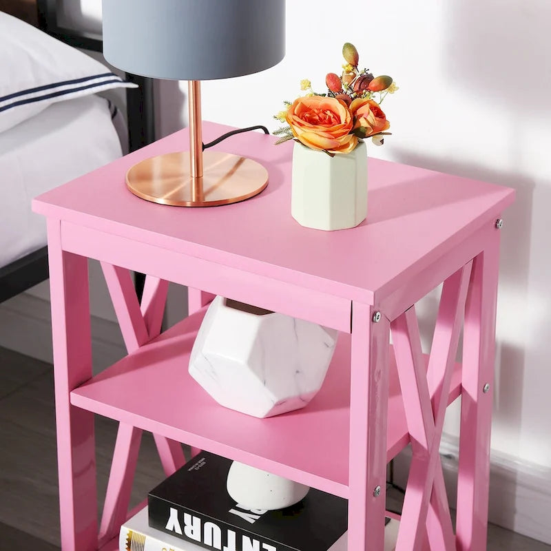 Tables d'appoint modernes avec 3 étagères de rangement, Table de chevet en forme de X