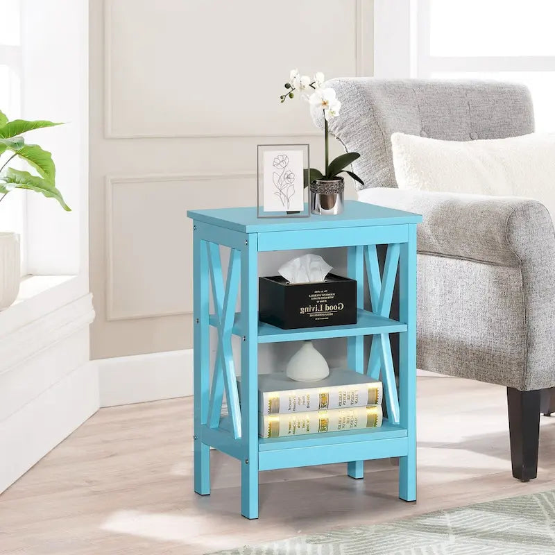 Tables d'appoint modernes avec 3 étagères de rangement, Table de chevet en forme de X