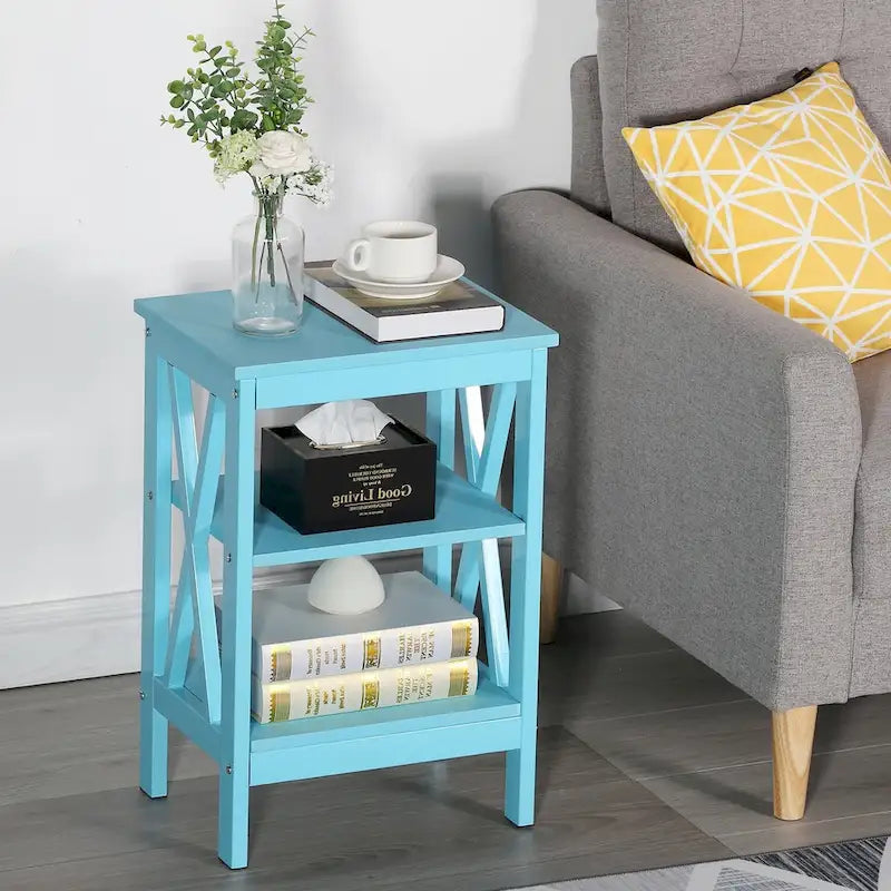 Tables d'appoint modernes avec 3 étagères de rangement, Table de chevet en forme de X