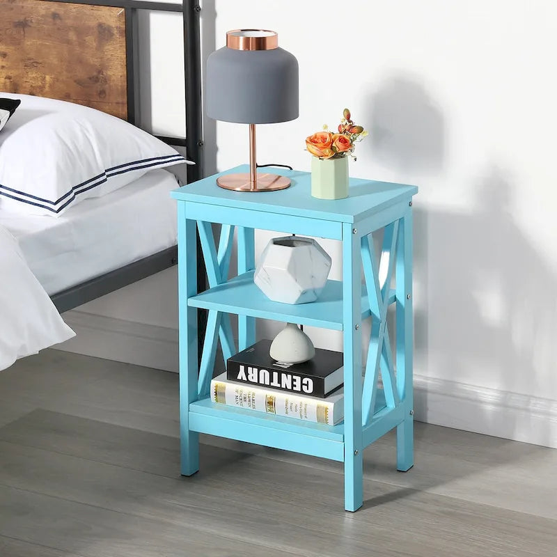 Tables d'appoint modernes avec 3 étagères de rangement, Table de chevet en forme de X