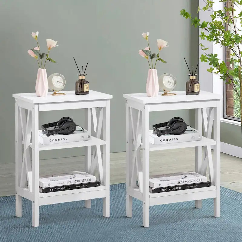 Tables d'appoint modernes avec 3 étagères de rangement, Table de chevet en forme de X
