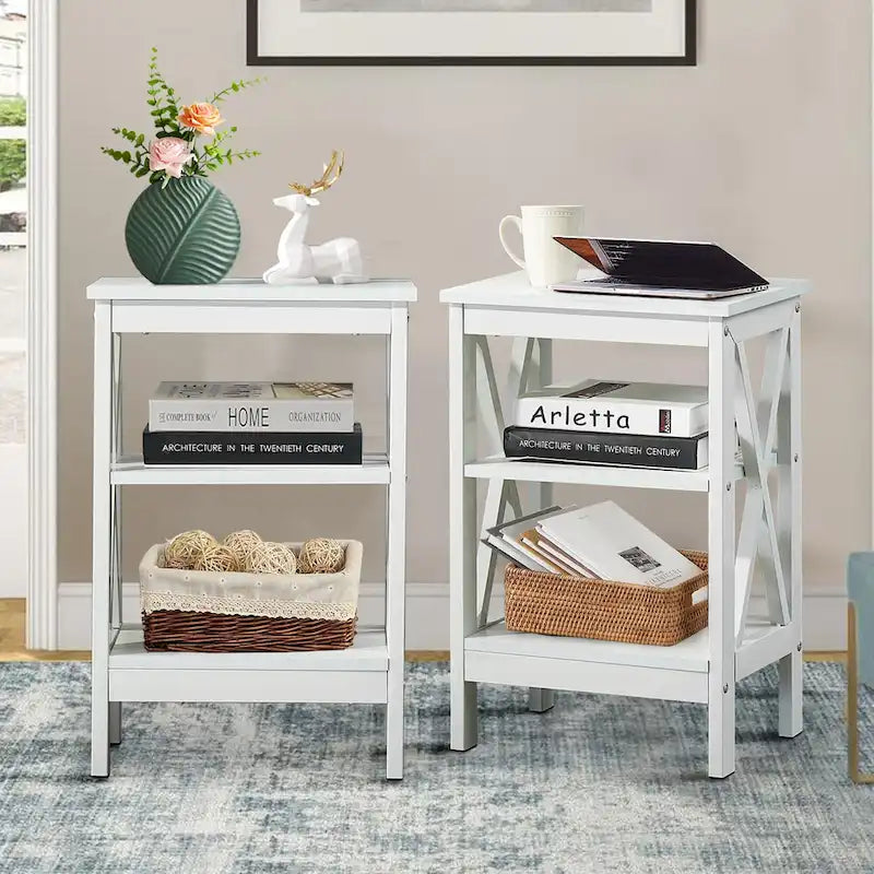 Tables d'appoint modernes avec 3 étagères de rangement, Table de chevet en forme de X