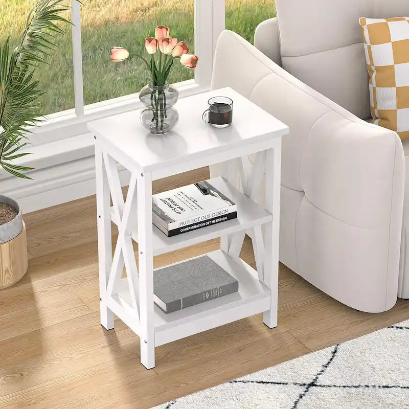 Tables d'appoint modernes avec 3 étagères de rangement, Table de chevet en forme de X
