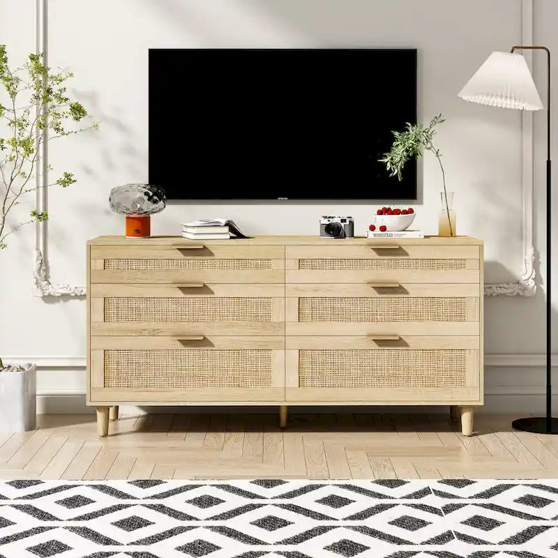 Commode double en rotin à 6 tiroirs avec poignée métallique, armoire de rangement pour vêtements de chambre à coucher