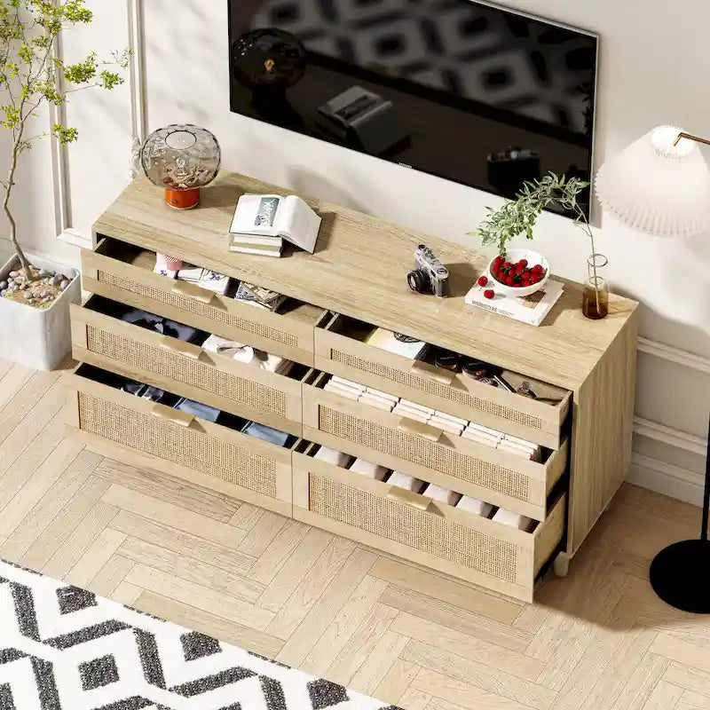 Commode double en rotin à 6 tiroirs avec poignée métallique, armoire de rangement pour vêtements de chambre à coucher