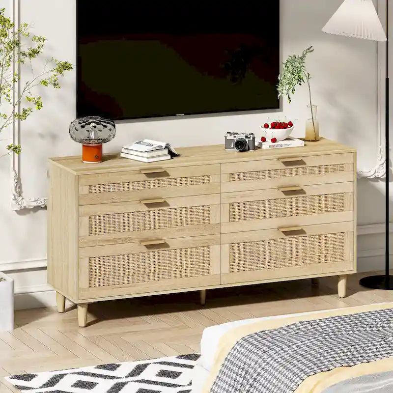 Commode double en rotin à 6 tiroirs avec poignée métallique, armoire de rangement pour vêtements de chambre à coucher