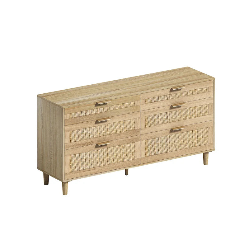 Commode double en rotin à 6 tiroirs avec poignée métallique, armoire de rangement pour vêtements de chambre à coucher