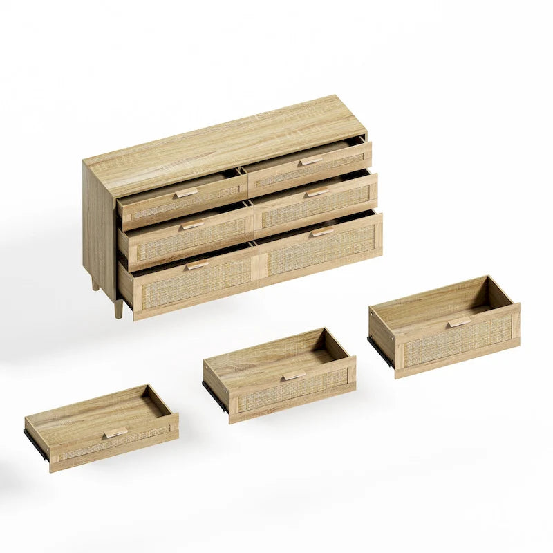 Commode double en rotin à 6 tiroirs avec poignée métallique, armoire de rangement pour vêtements de chambre à coucher