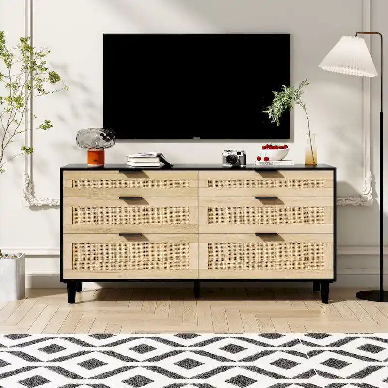 Commode double en rotin à 6 tiroirs avec poignée métallique, armoire de rangement pour vêtements de chambre à coucher