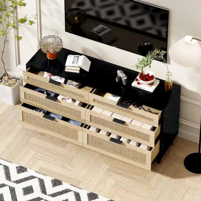 Commode double en rotin à 6 tiroirs avec poignée métallique, armoire de rangement pour vêtements de chambre à coucher