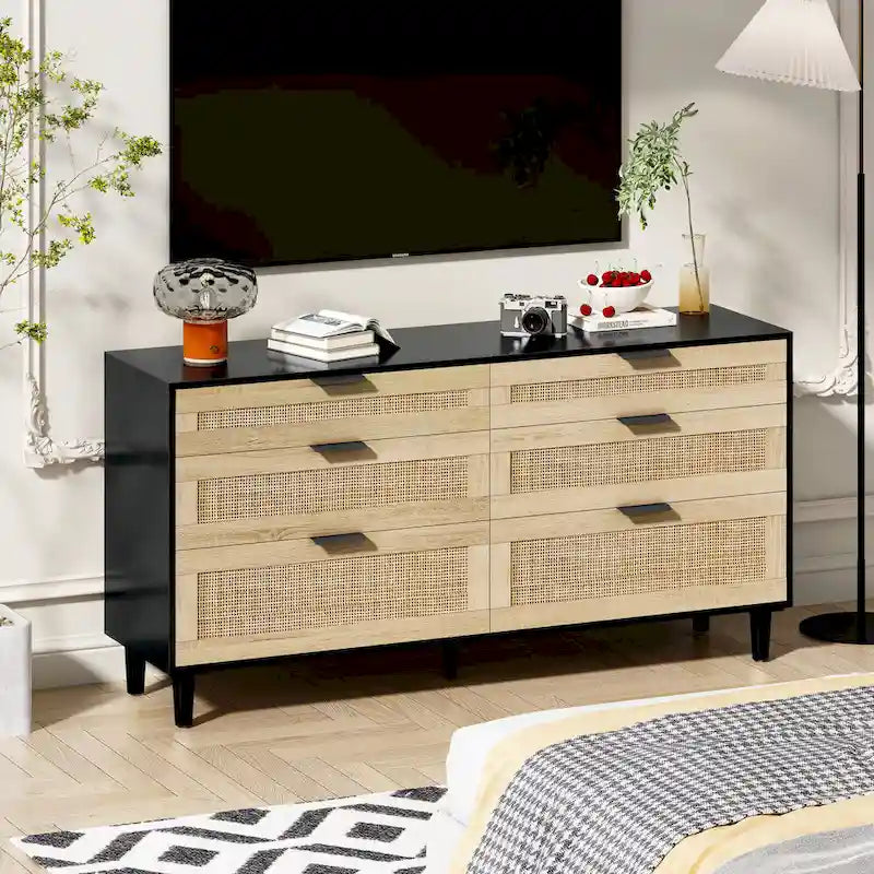 Commode double en rotin à 6 tiroirs avec poignée métallique, armoire de rangement pour vêtements de chambre à coucher