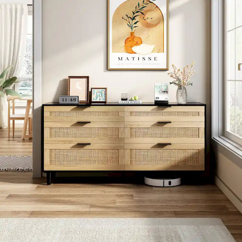 Commode double en rotin à 6 tiroirs avec poignée métallique, armoire de rangement pour vêtements de chambre à coucher
