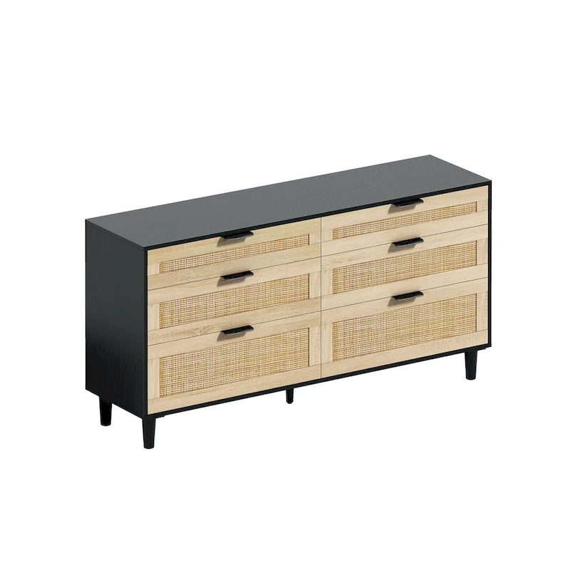 Commode double en rotin à 6 tiroirs avec poignée métallique, armoire de rangement pour vêtements de chambre à coucher