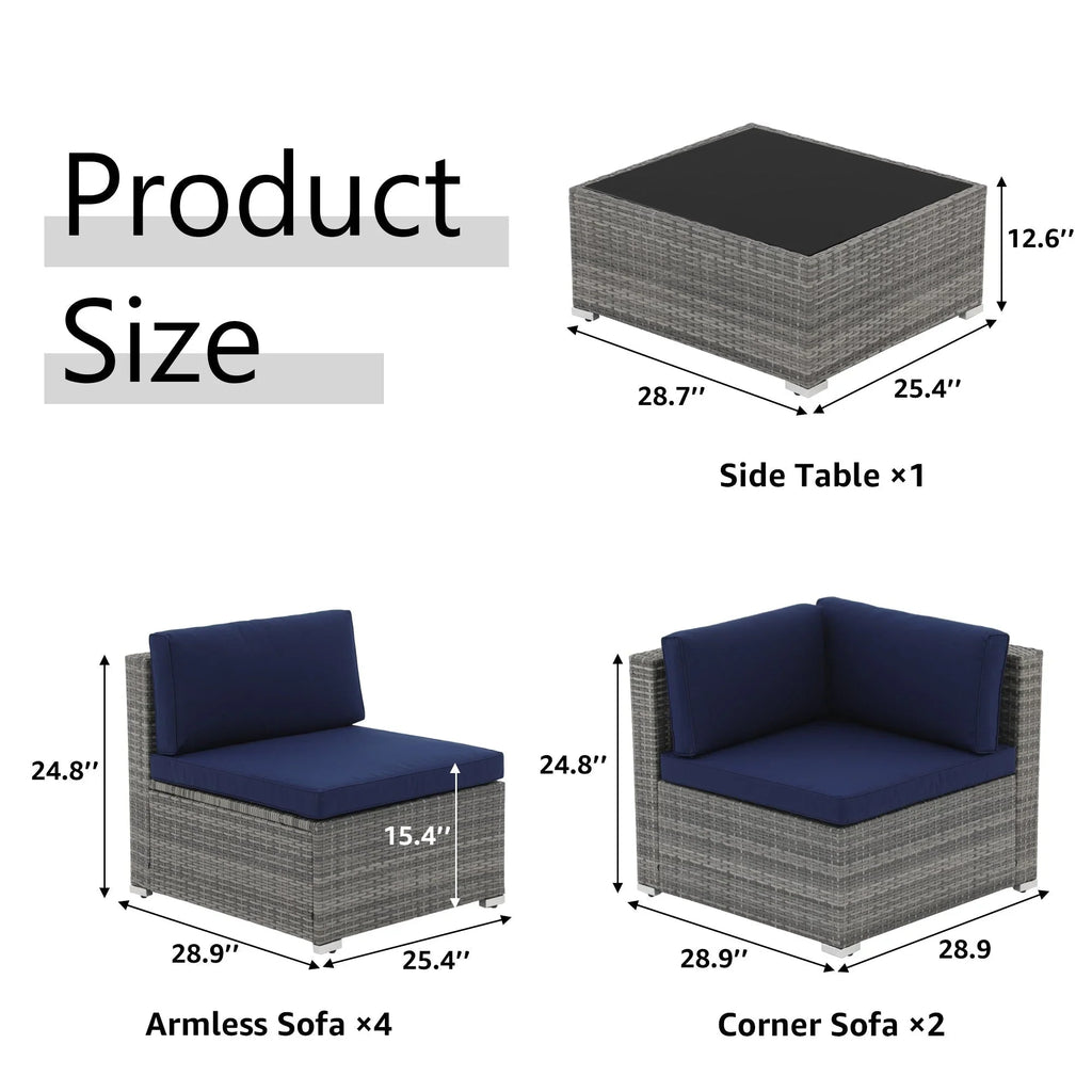 Ensemble de canapé d'angle d'extérieur 7 pièces en osier/acier avec coussins