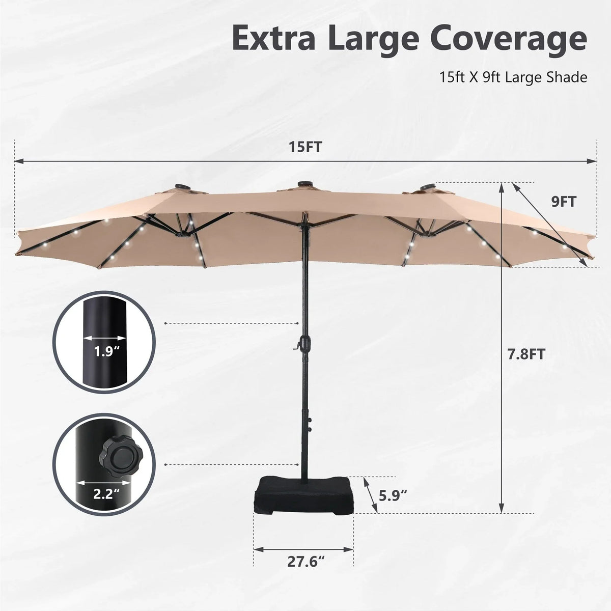 MAISON ARTS Parasol excentré rectangulaire de 4,5 m avec manivelle, parasol de marché double face d'extérieur avec lumières LED solaires et base incluse