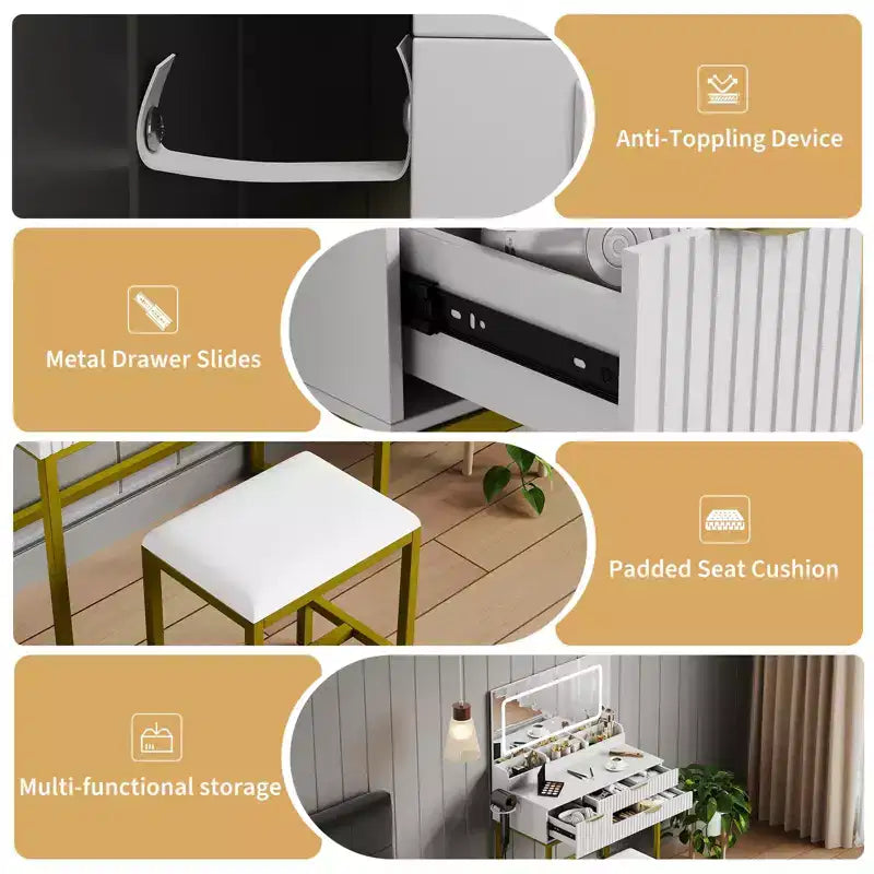 Coiffeuse avec miroir et lumières, miroir lumineux à LED, tiroirs de rangement spacieux pour produits cosmétiques et articles de toilette