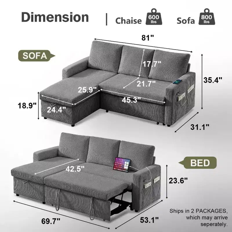 Canapé-lit Dyonery 2-en-1 avec méridienne de rangement, canapé sectionnel en velours côtelé avec ports USB pour salon