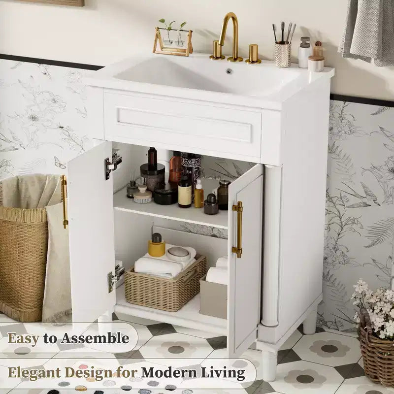 Meuble-lavabo de 24 po avec évier en céramique, armoire Shaker, 2 portes à fermeture amortie, cadre en bois massif pour petite salle de bain ou salle d'eau