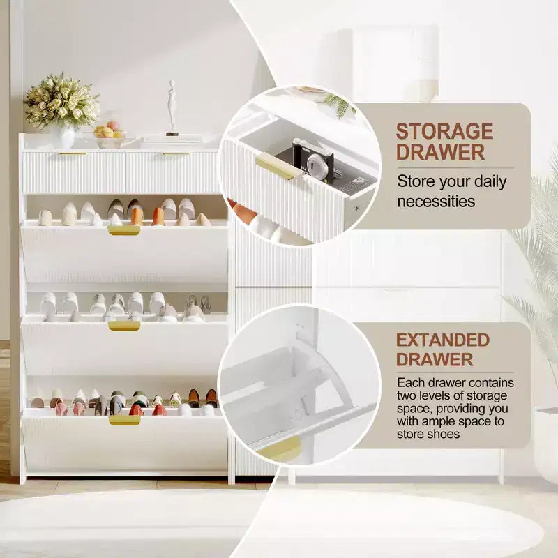 Meuble à chaussures moderne blanc avec 3 tiroirs basculants et 2 petits tiroirs et crochet, organiseur de rangement à chaussures fin cannelé, meuble d'entrée étroit