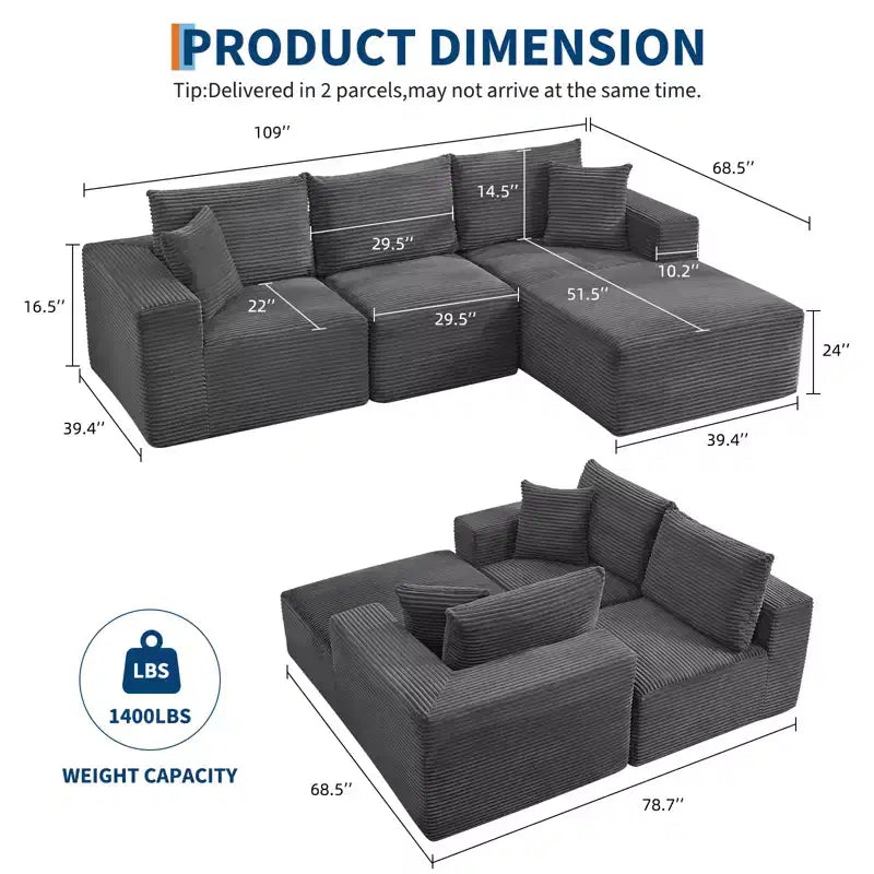108 Modern Sofa Couch, 3 Seater Upholstered L Shaped Sofa with Pillows, Deep Seat Sofa, No Assembly Required