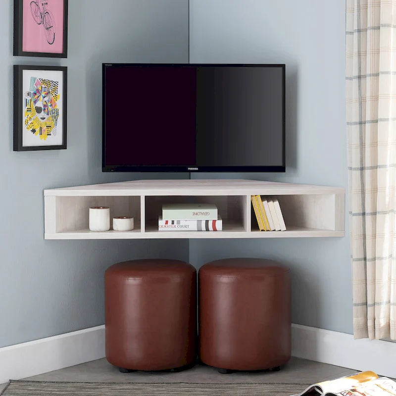 Meuble TV d'angle flottant 47", 3 étagères, style transitoire, montage mural peu encombrant