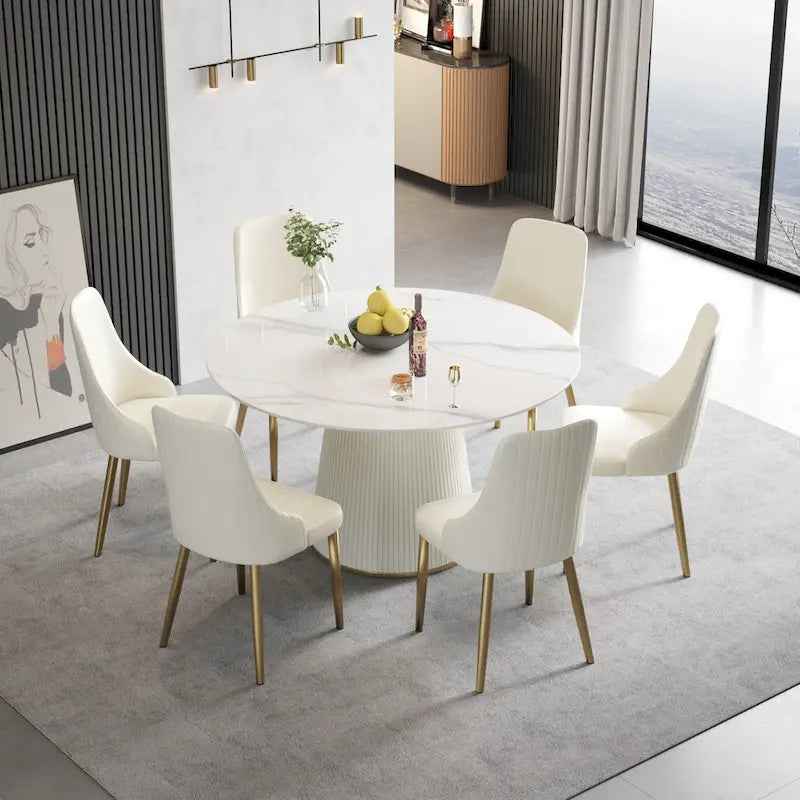 Table à manger ronde de 53 po pour 6 personnes avec plateau en pierre frittée et plateau tournant
