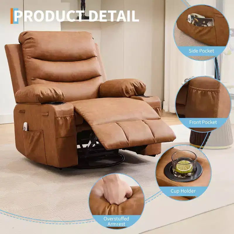 Fauteuil inclinable surdimensionné 360 pivotant et berçant avec massage et chaleur - Fauteuil de salon ergonomique avec porte-gobelets, poches latérales pour salon, chambre de bébé