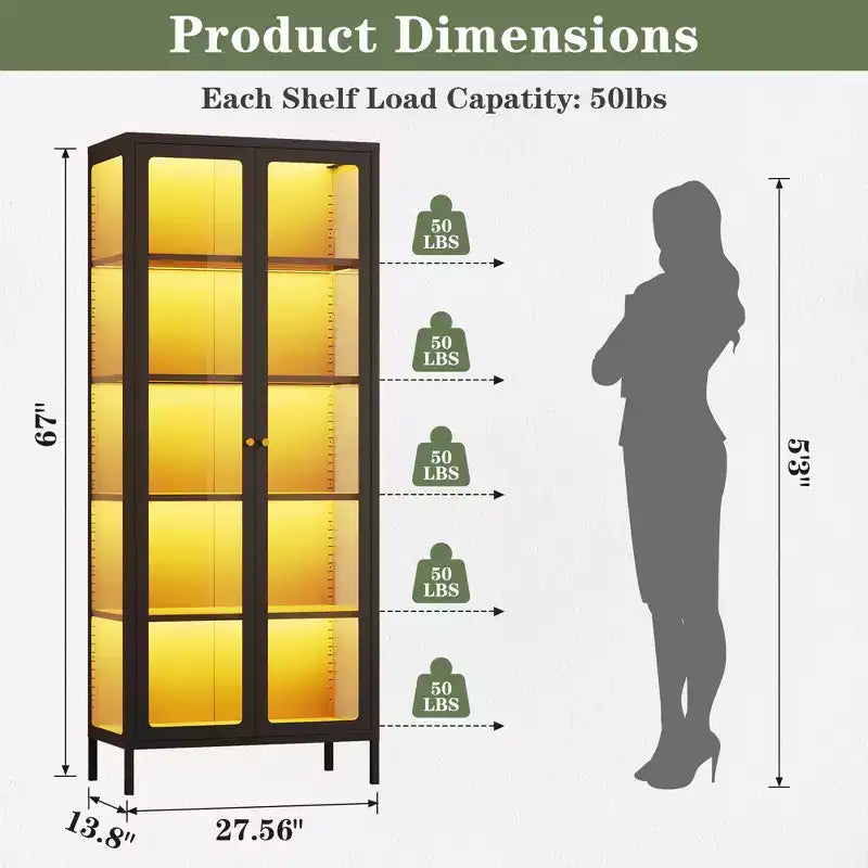 Bekrvio 67H Vitrine en Verre à 3 Côtés avec Lumières LED, Rangement à 5 Niveaux avec Double Porte et Cadre Métallique pour Objets de Collection, Idéale pour les Petits Espaces