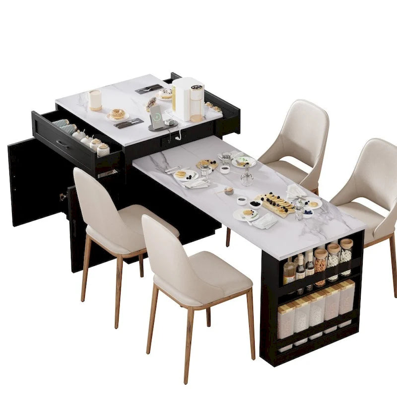 Îlot de cuisine en bois de 210 cm pour 4 à 6 personnes avec table à manger extensible et rangement double.