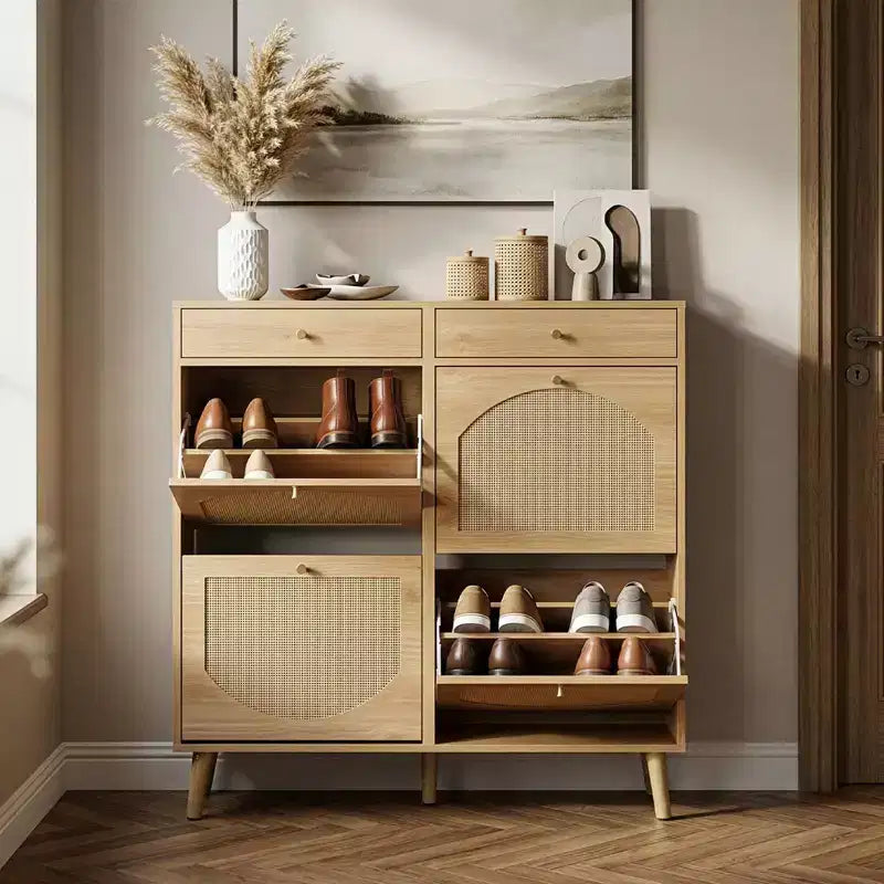 Karl Home Meuble à chaussures en rotin avec 2 tiroirs et 4 compartiments basculants en panneaux de particules 105 cm (L)