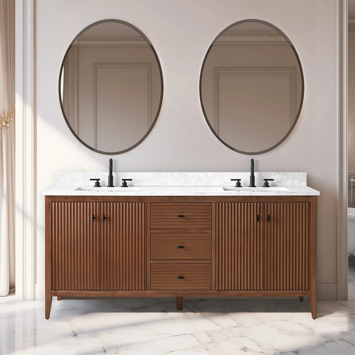 Meuble-lavabo de salle de bain Vanity Art 72 po à double vasque avec dessus en marbre reconstitué