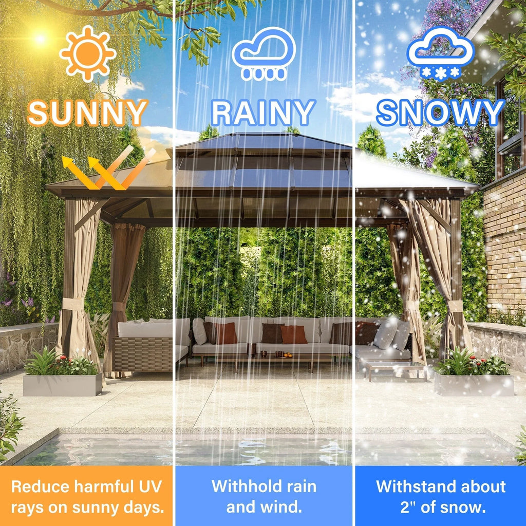 Tonnelle EROMMY à toit rigide, pergola extérieure avec double toit, moustiquaire et rideaux, auvent robuste pour patio, jardin, fête au bord de la piscine